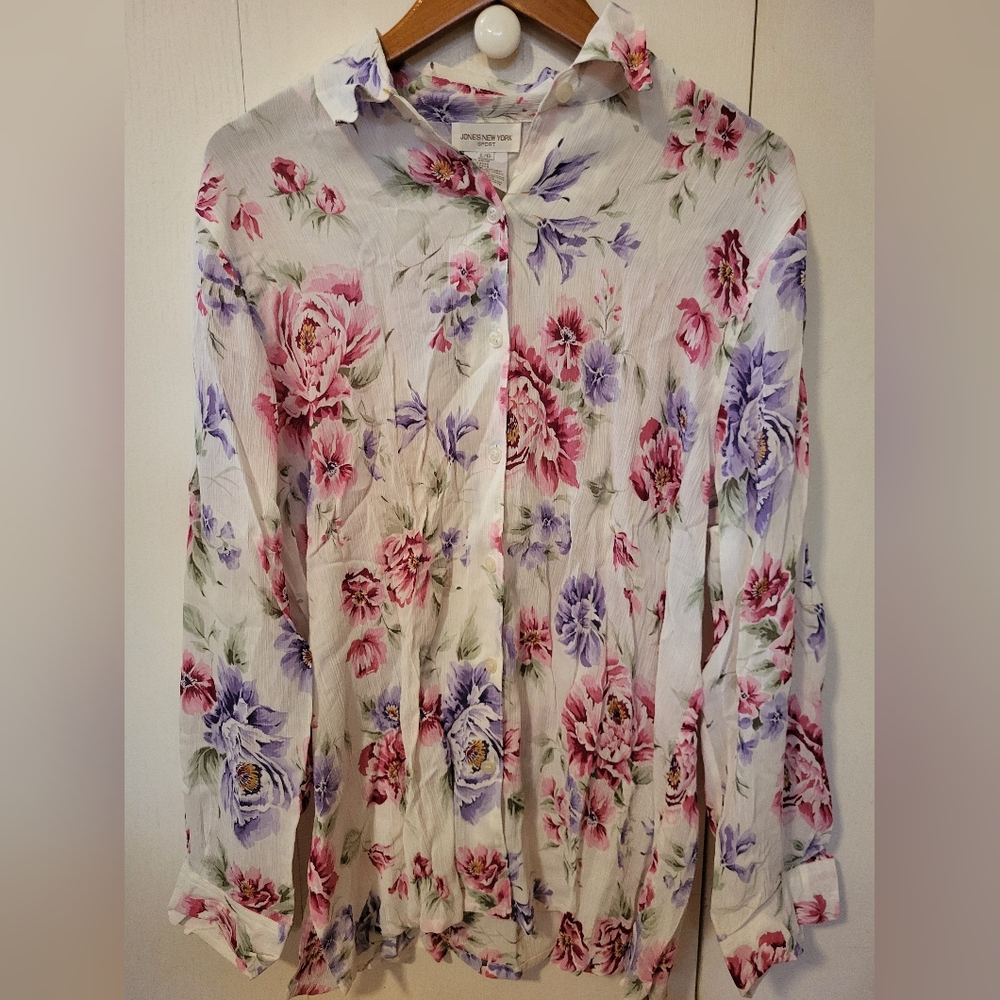 NWT Jones New York Sport "English Garden" Floral Button Down Shirt Sz L